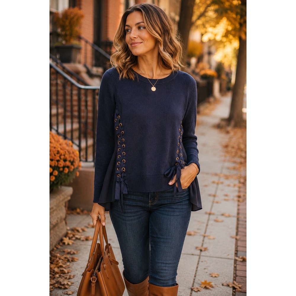 INC Sweater Navy Blue Lace Up Grommet Mixed Media Preppy Top Size Medium